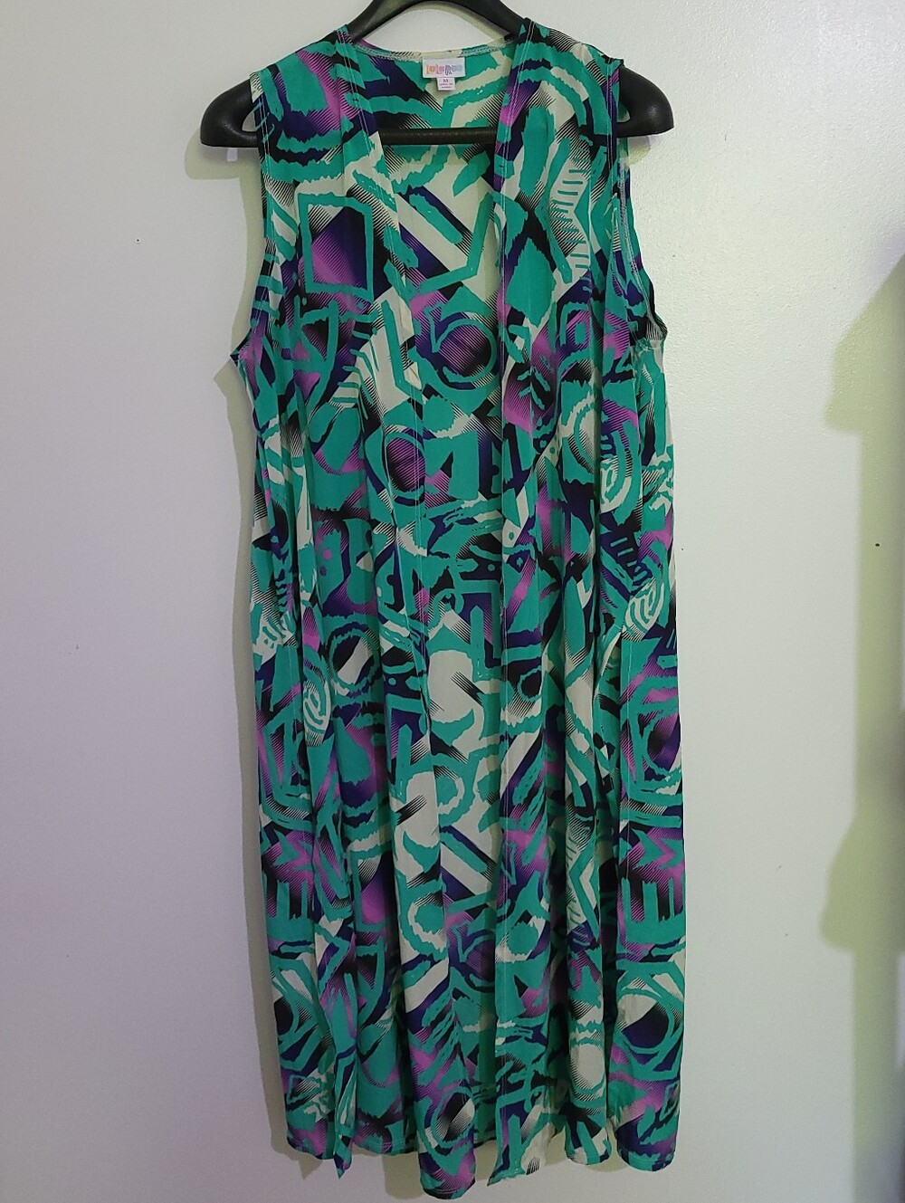 LuLaRoe Joy Longline Duster Vest Abstract Green Purple Geometric Size M